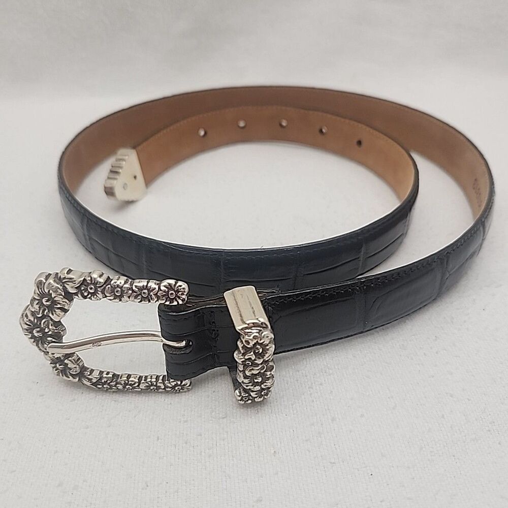 Belt Brighton Woman's Black Gator Embossed Leather Floral Roses Silver Buckle Lg